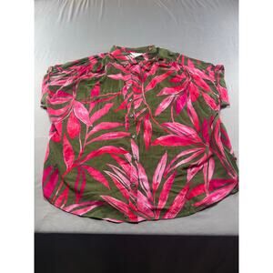 Time and Tru XXXL 22 Tropical Leaf Print Blouse Pink Green Short Sleeve Top
